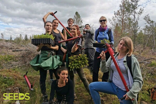 Acht Freiwillige posieren mit Pflanzrohren und Setzlingen auf einer Lichtung im Wald.